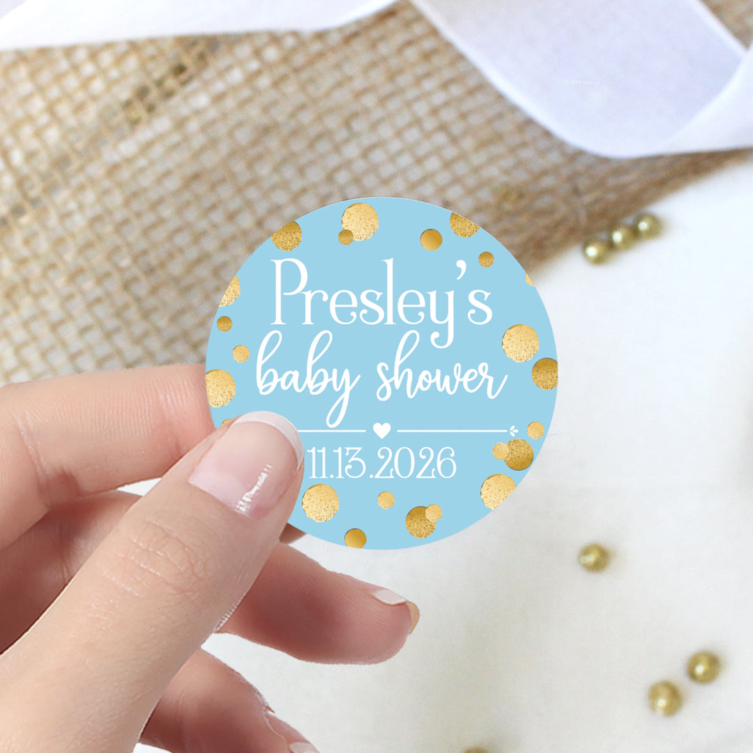 Personalized Gold Confetti: Blue - It's a Boy Boy Baby Shower Large Round Labels - 40 Stickers