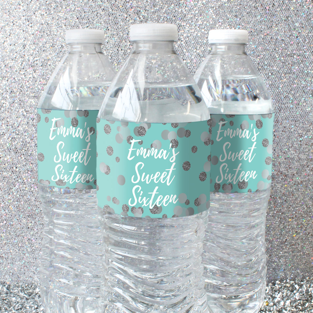 Personalized Sweet 16: Teal & Silver - Birthday Party Water Bottle Labels - 24 Stickers
