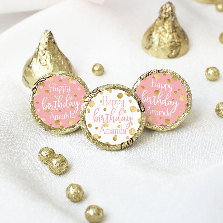 Personalized Birthday: Gold Confetti Pink - Party Favor Stickers - Fits on Hershey's Kisses -  180 Stickers