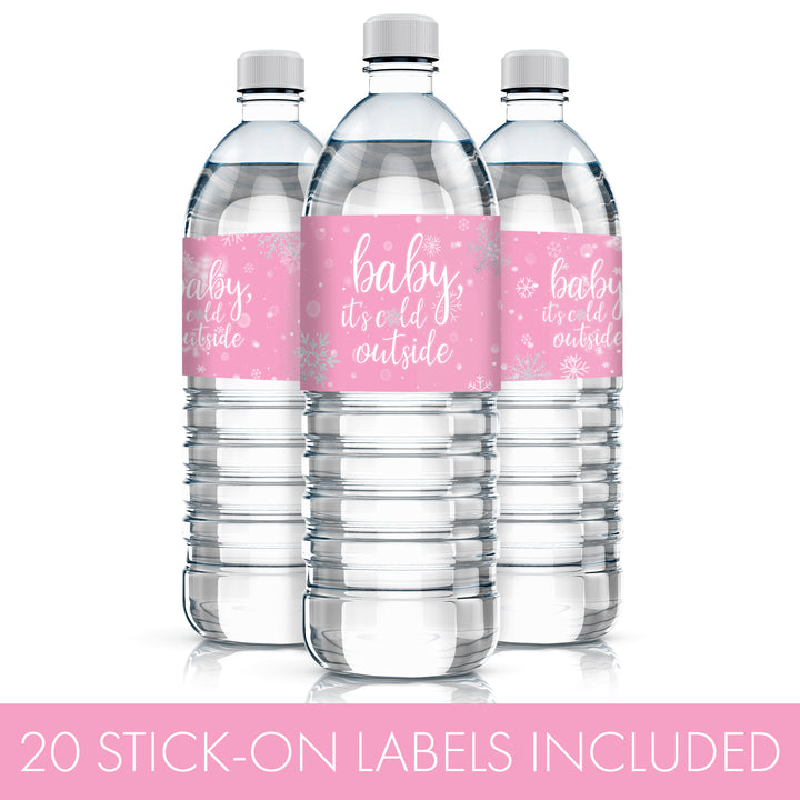 Little Snowflake: Pink -  Winter Baby Shower Water Bottle Labels - Girl - Baby It's Cold Outside - 20 Waterproof Stickers