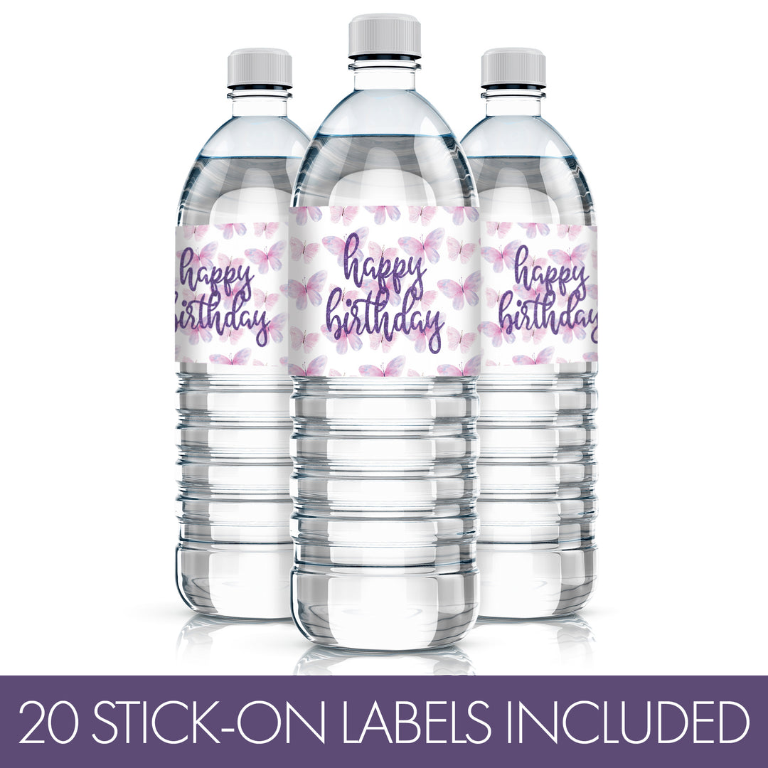 Butterfly Wishes: Purple & Pink - Kid's Birthday  - Party Favor Stickers - Water Bottle Labels, Spring - 20 Waterproof Stickers