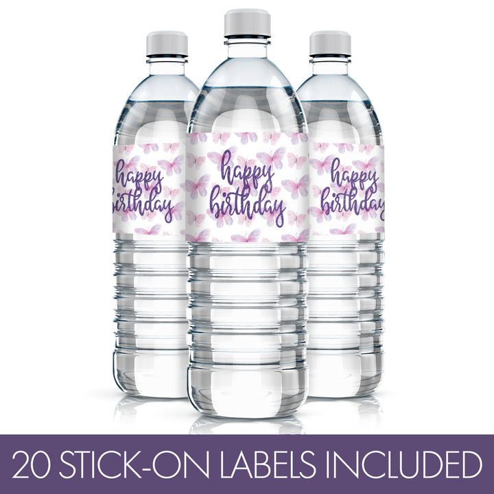 Butterfly Wishes: Purple & Pink - Kid's Birthday  - Party Favor Stickers - Water Bottle Labels, Spring - 20 Waterproof Stickers