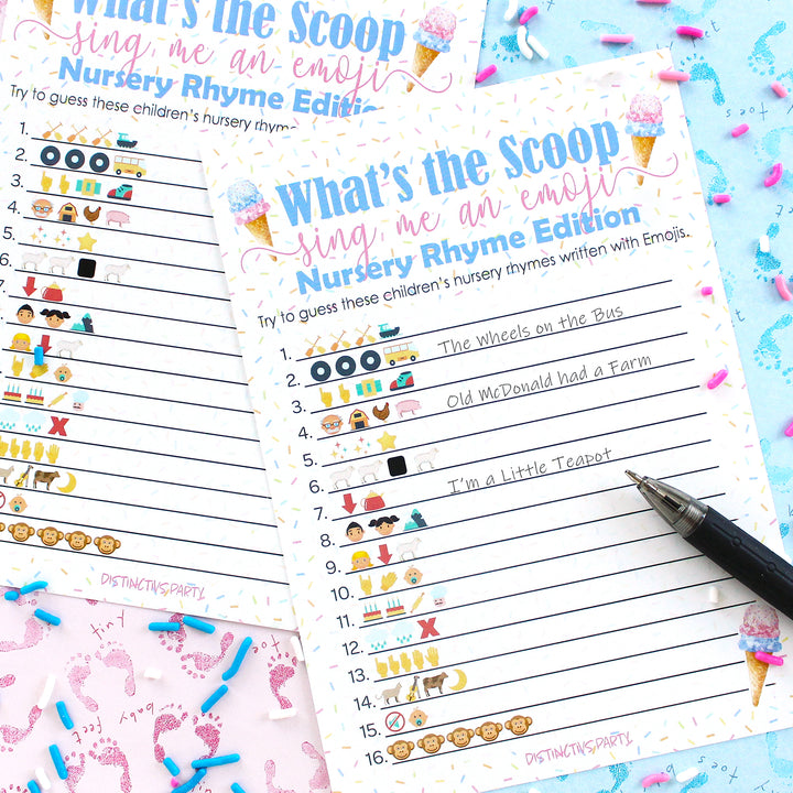 What's the Scoop:  Ice Cream - Gender Reveal Party Game - Emoji Game Cards - 20 Cards - Distinctivs Party