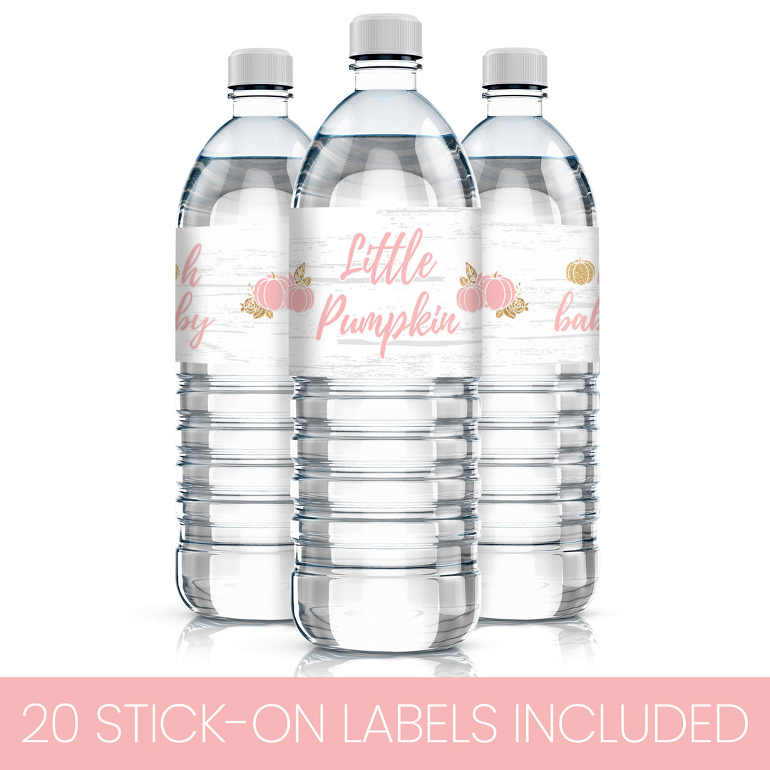 Little Pumpkin: Pink & Gold -Baby Shower -  Water Bottle Labels -  Fall, Girl  - 20 Stickers - Distinctivs Party