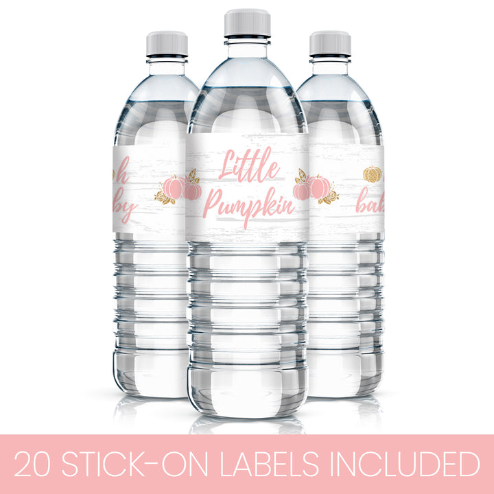 Little Pumpkin: Pink & Gold -Baby Shower -  Water Bottle Labels -  Fall, Girl  - 20 Stickers - Distinctivs Party