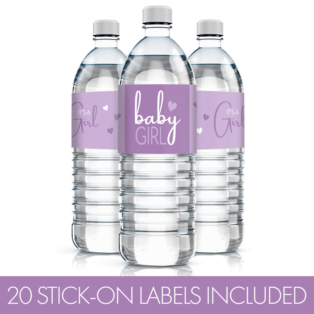 Sweet Baby Girl: Purple - Baby Shower Water Bottle Labels - 20 Stickers