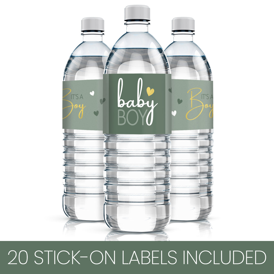Sweet Baby Boy: Green - It’s a Boy Baby Shower Water Bottle Labels - 20 Waterproof Stickers - Distinctivs Party