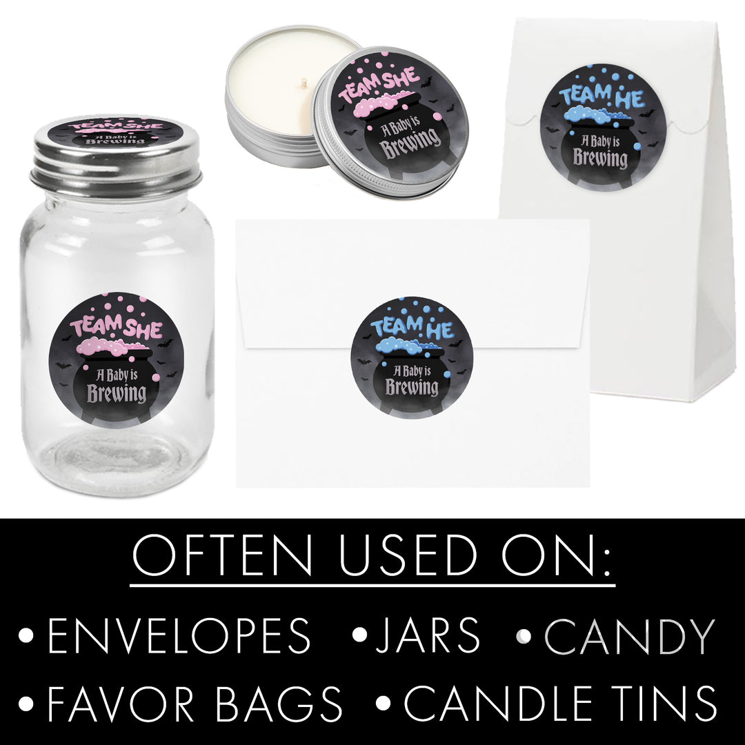 Halloween Gender Reveal Party: Pink and Blue Baby is Brewing- Baby Shower - Team He or Team She Voting - 40 Stickers - Distinctivs Party