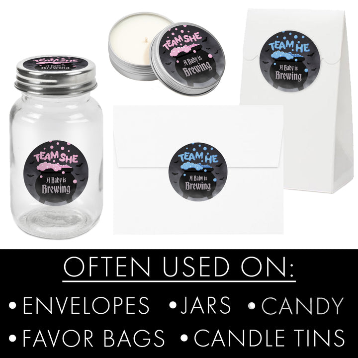 Halloween Gender Reveal Party: Pink and Blue Baby is Brewing- Baby Shower - Team He or Team She Voting - 40 Stickers - Distinctivs Party