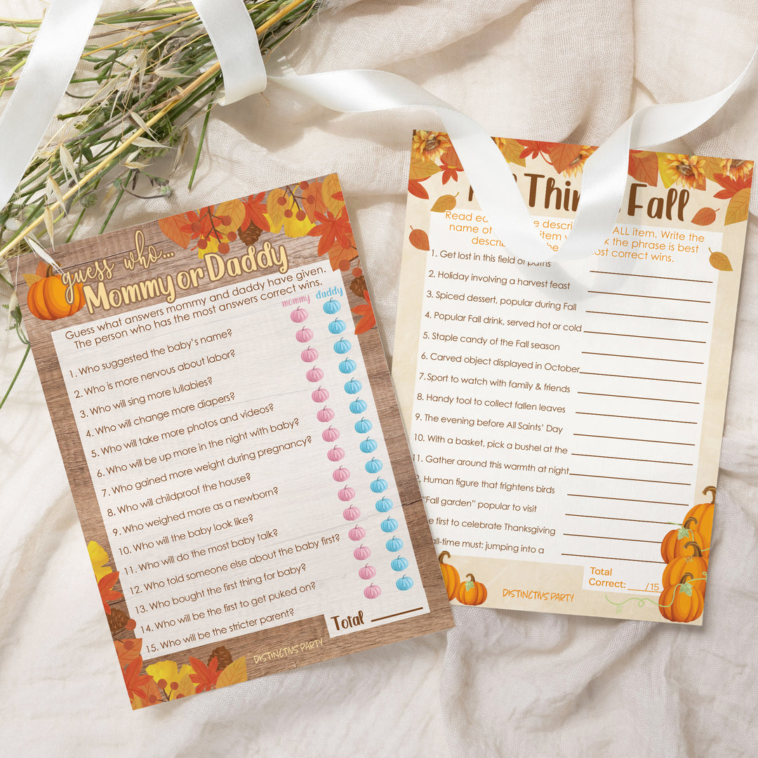 Little Pumpkin: Naranja Rústico - Juego de Baby Shower - Actividad de fiesta de otoño "Adivina quién" mamá o papá - Paquete de dos juegos - 20 tarjetas de doble cara