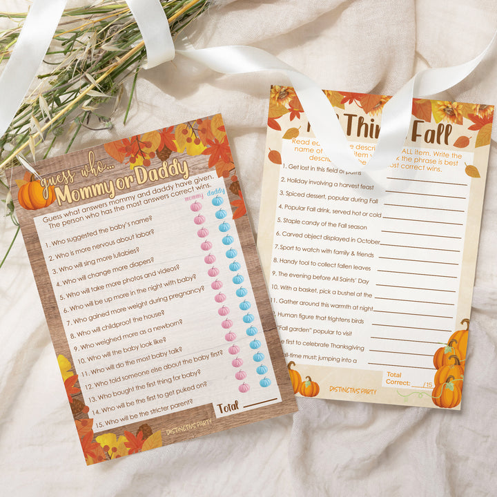 Little Pumpkin: Naranja Rústico - Juego de Baby Shower - Actividad de fiesta de otoño "Adivina quién" mamá o papá - Paquete de dos juegos - 20 tarjetas de doble cara