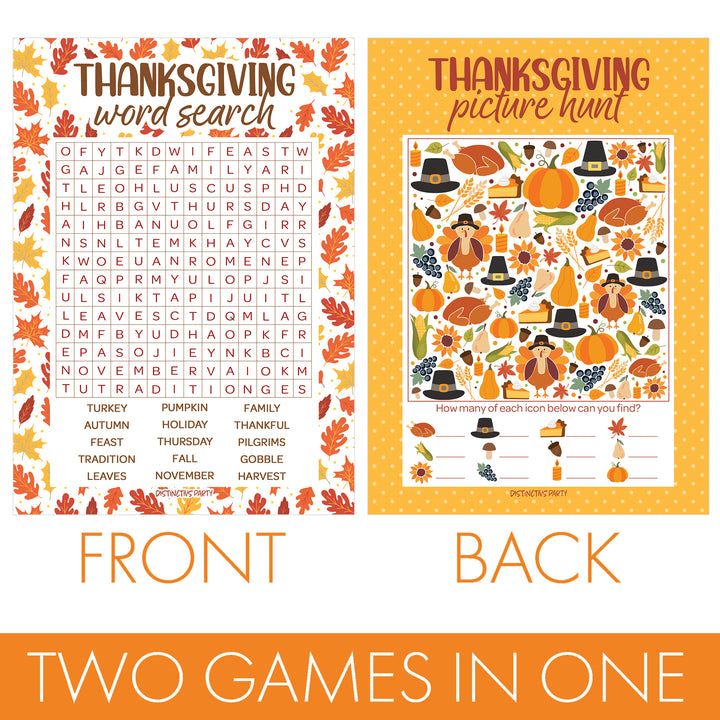 Thanksgiving Party Game Bundle - Word Search and I Spy Picture Hunt - 25 Dual-Sided Cards - Distinctivs Party