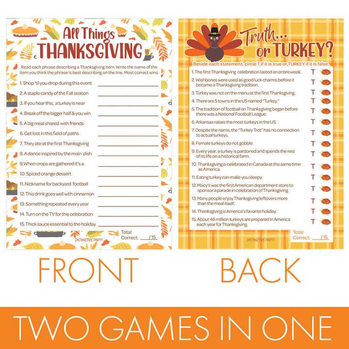 Thanksgiving Party Game Bundle - Truth or Turkey and All Things Thanksgiving Game - 25 Dual-Sided Game Cards - Distinctivs Party