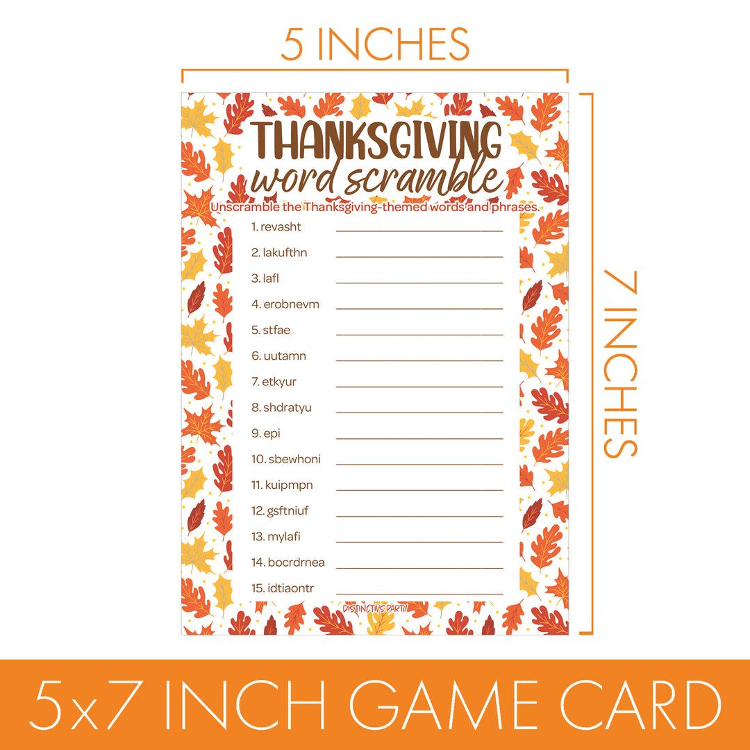 Thanksgiving Party Game Bundle – Word Scramble and How Many Thanksgiving Words Anagram – 25 Dual-Sided Game Cards - Distinctivs Party