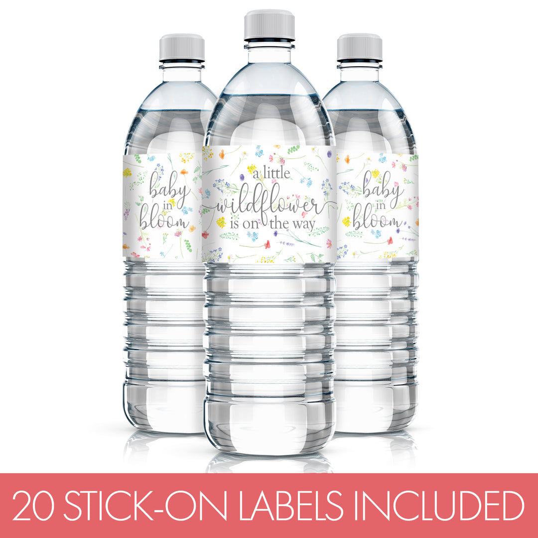 Little Wildflower: Girl's Baby Shower Water Bottle Labels -Spring - 20 Floral Party Favor Stickers