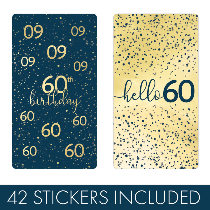 60th Birthday: Navy Blue & Gold - Adult Birthday - Hershey's® Miniatures Candy Bar Wrappers Stickers