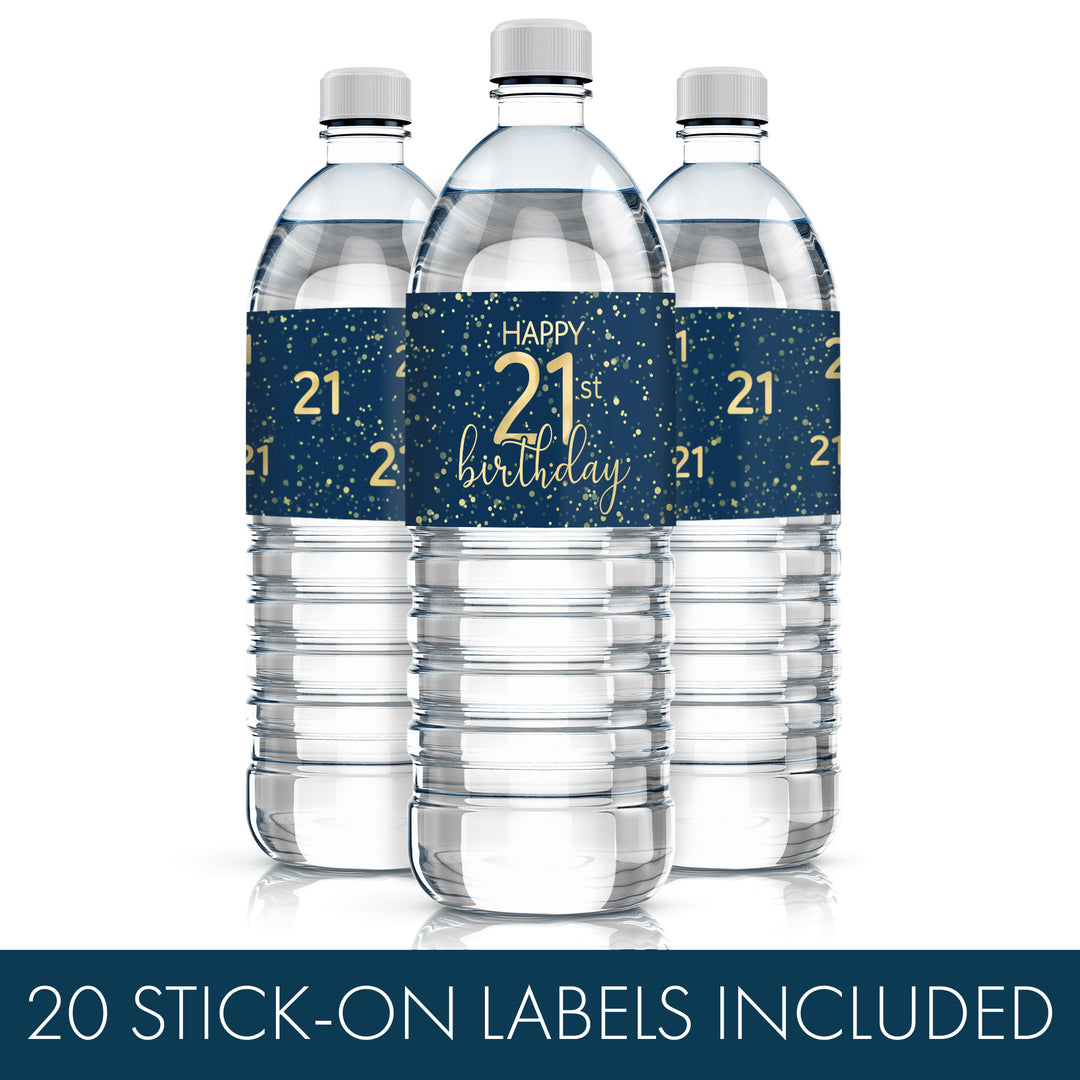 21 cumpleaños: azul marino y dorado - Cumpleaños de adultos - Etiquetas para botellas de agua -24 pegatinas impermeables