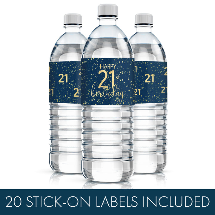 21 cumpleaños: azul marino y dorado - Cumpleaños de adultos - Etiquetas para botellas de agua -24 pegatinas impermeables