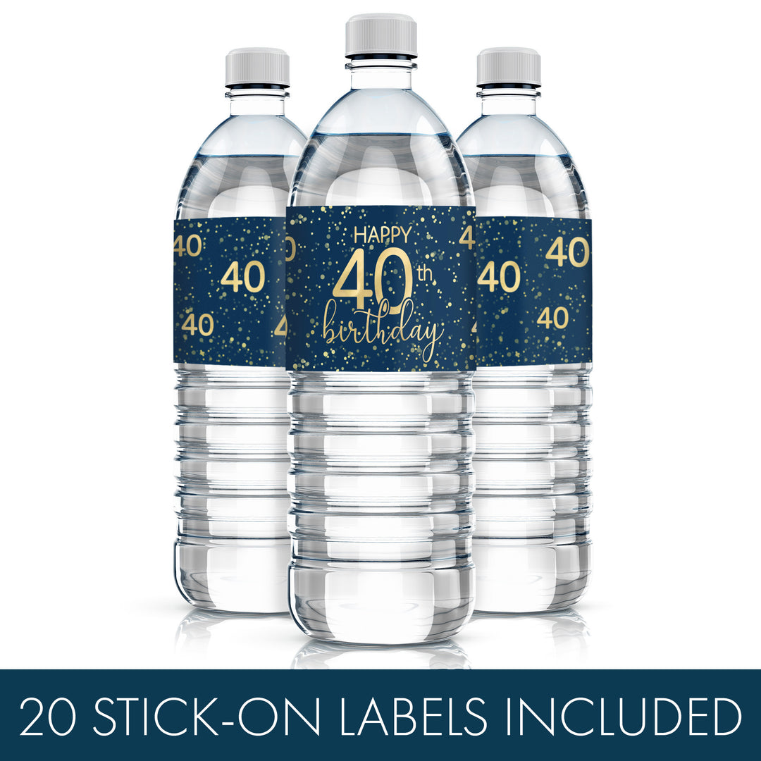 40th Birthday: Navy Blue & Gold - Adult Birthday -  20 Water Bottle Labels