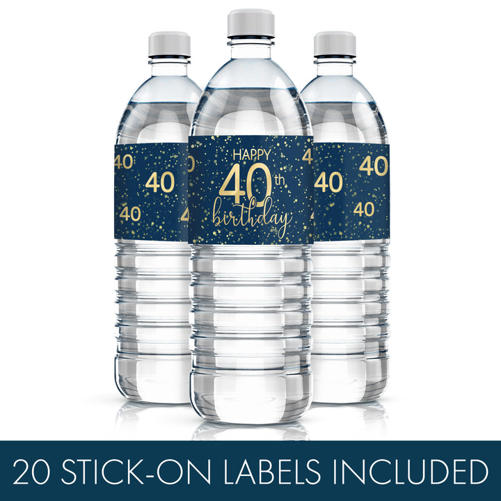 40th Birthday: Navy Blue & Gold - Adult Birthday -  20 Water Bottle Labels