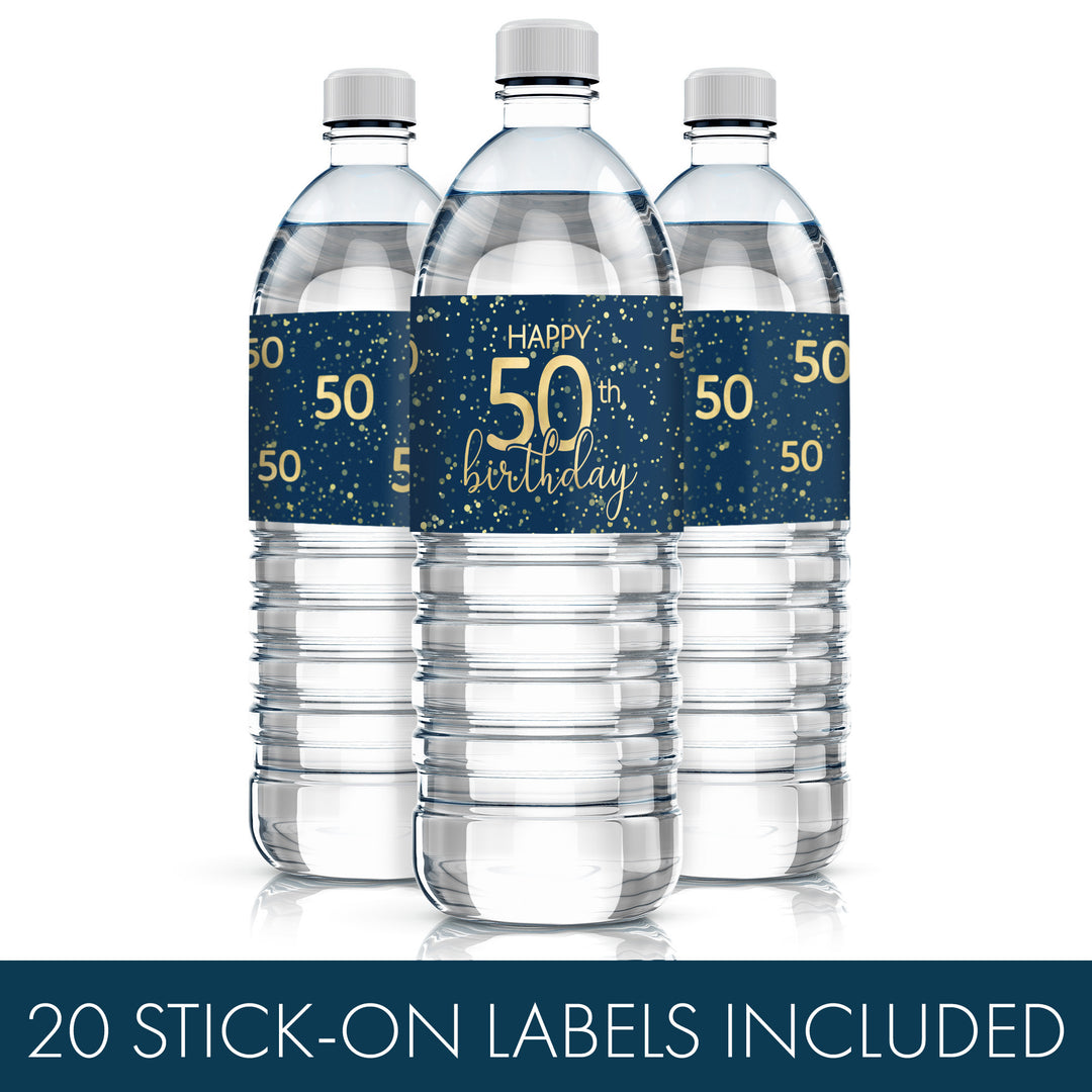 50th Birthday: Navy Blue & Gold - Adult Birthday - 20 Water Bottle Labels