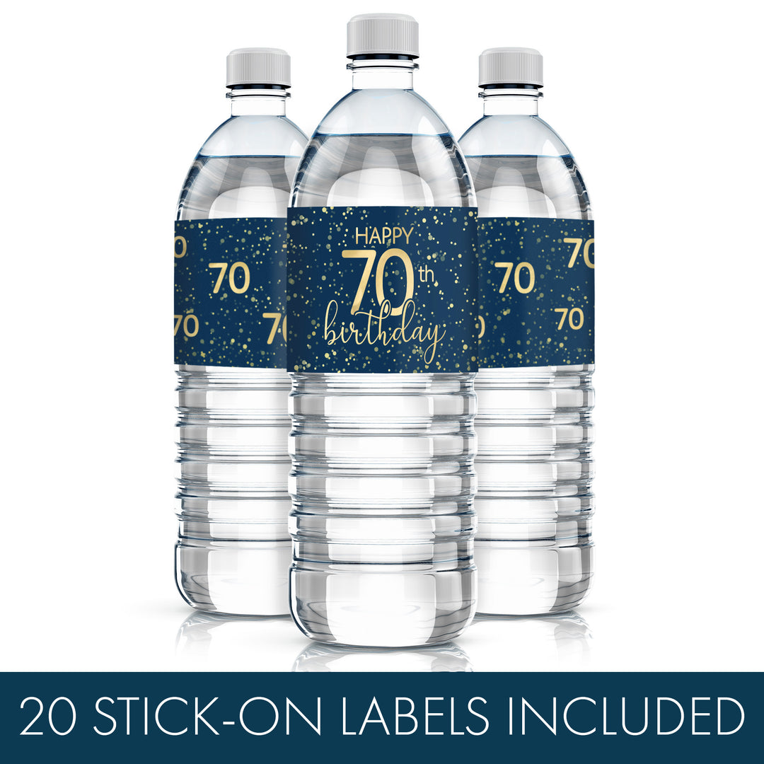 70th Birthday: Navy Blue & Gold - Adult Birthday - 20 Water Bottle Labels