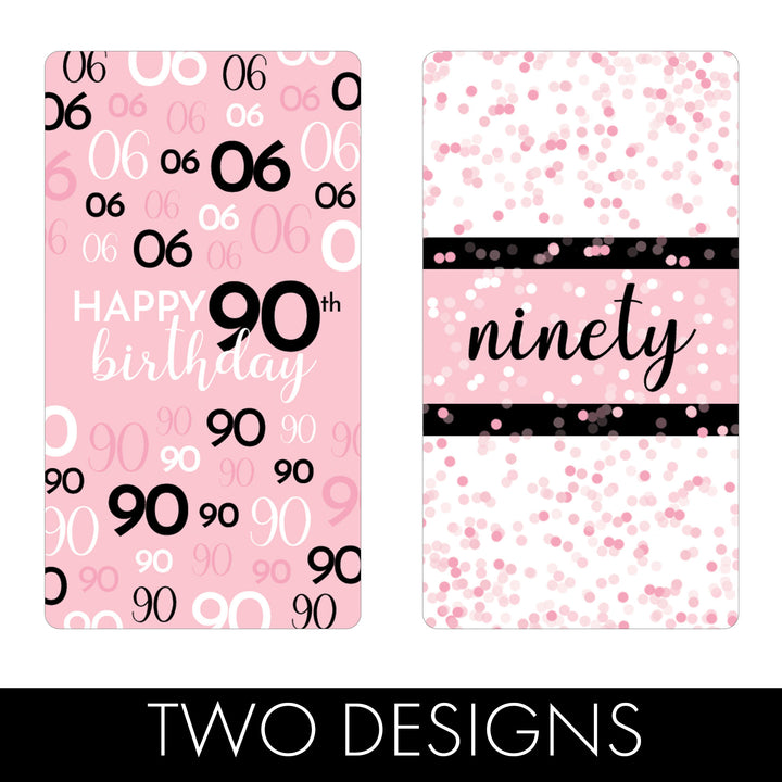 90.º cumpleaños: rosa y negro - Cumpleaños de adultos - Hershey's Miniatures Candy Bar Wrappers Stickers - 45 pegatinas