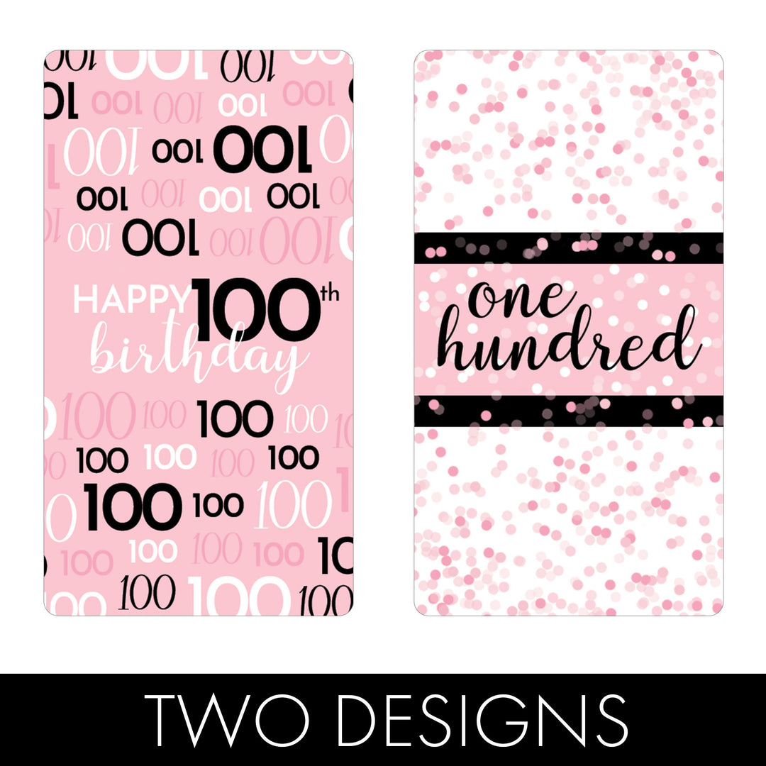 100.º cumpleaños: rosa y negro - Cumpleaños de adultos - Hershey's Miniatures Candy Bar Wrappers Stickers - 45 pegatinas