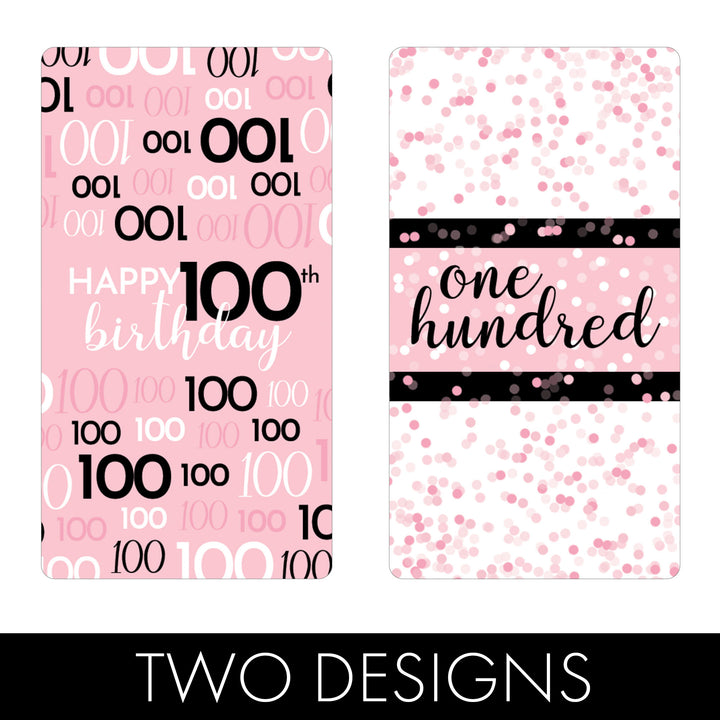100.º cumpleaños: rosa y negro - Cumpleaños de adultos - Hershey's Miniatures Candy Bar Wrappers Stickers - 45 pegatinas