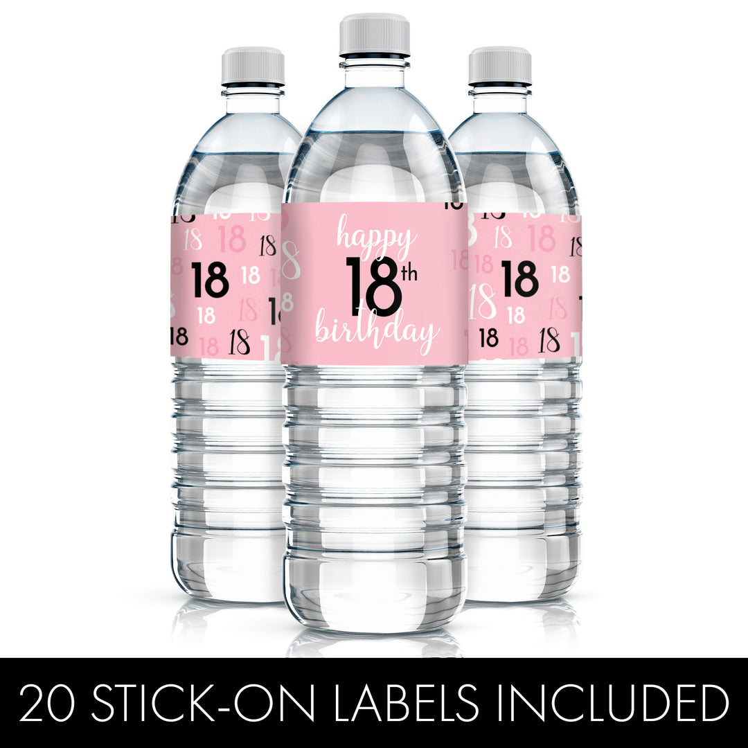 18.º cumpleaños: rosa y negro - Cumpleaños de adultos - Etiquetas adhesivas para botellas de agua - 24 pegatinas impermeables