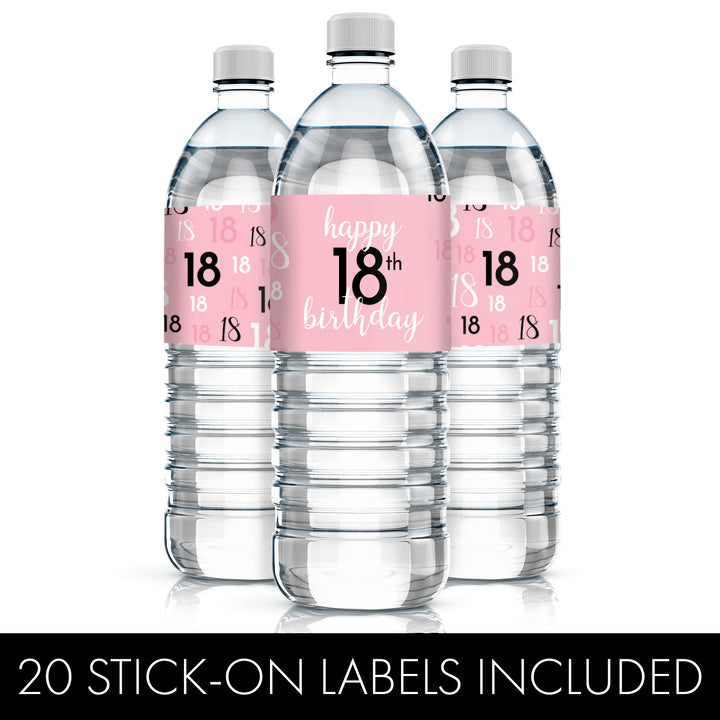 18.º cumpleaños: rosa y negro - Cumpleaños de adultos - Etiquetas adhesivas para botellas de agua - 24 pegatinas impermeables
