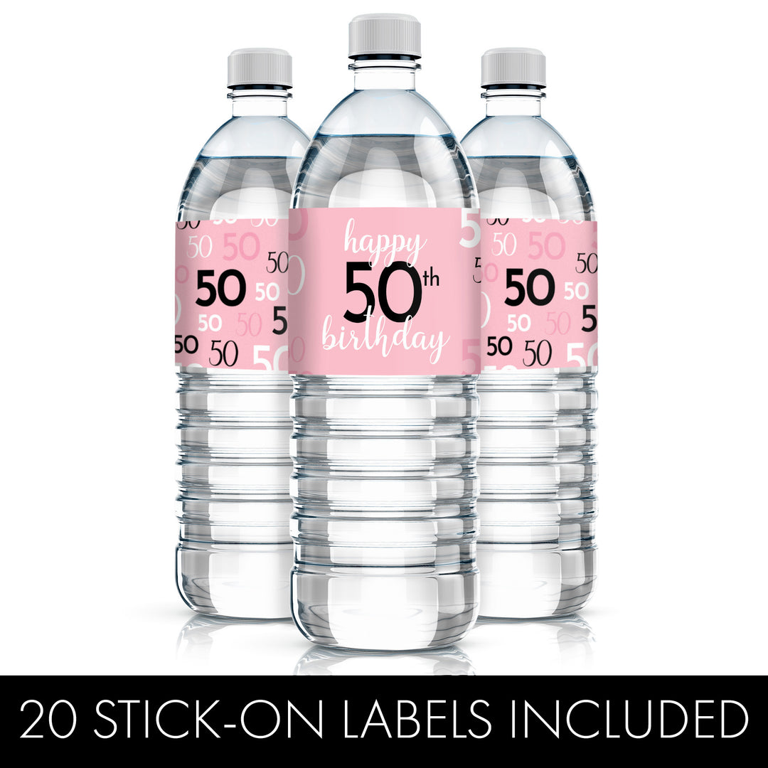 50th Birthday: Pink and Black - Adult Birthday - Water Bottle Label Stickers - 20 Waterproof Stickers