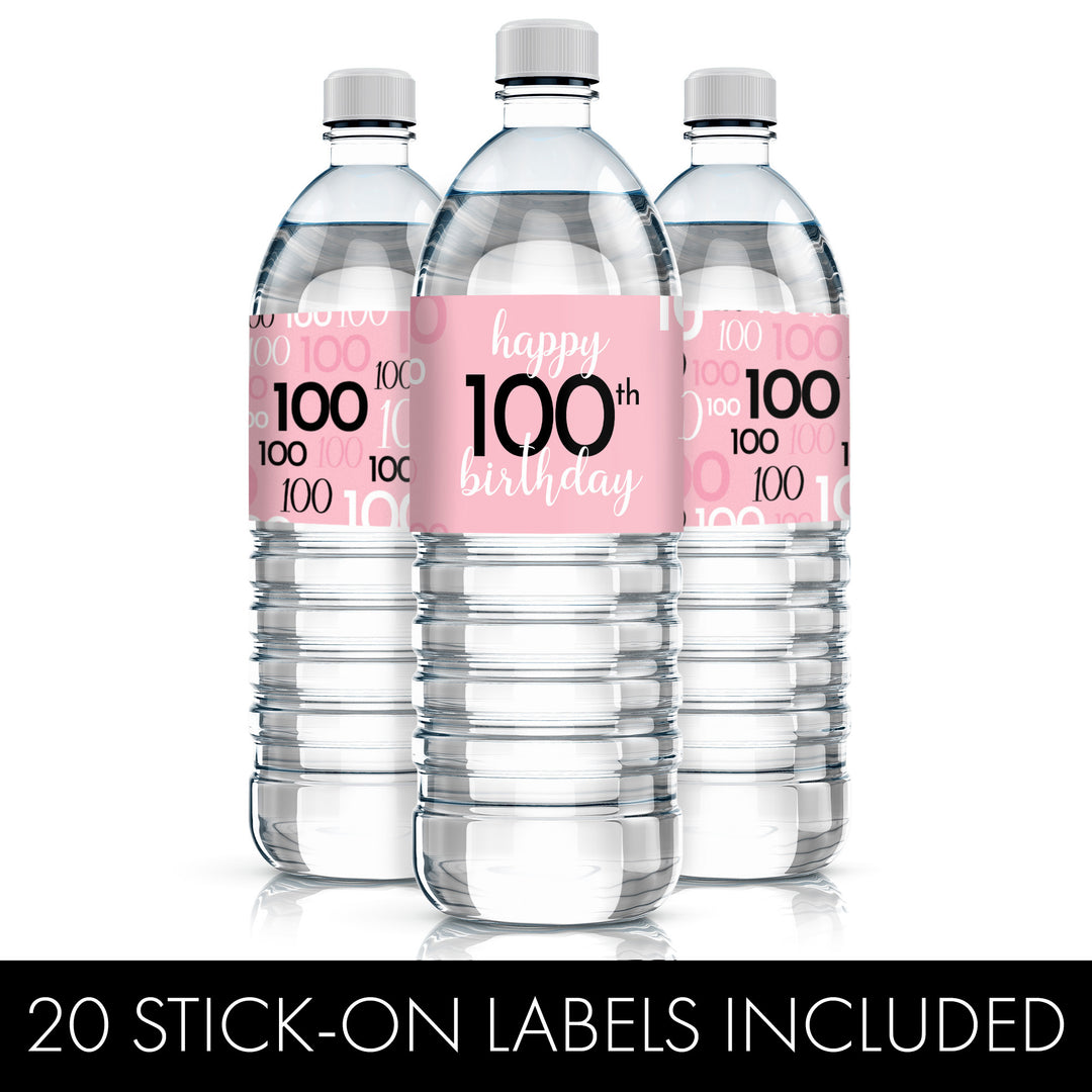 100 cumpleaños: rosa y negro - Cumpleaños de adultos - Etiquetas adhesivas para botellas de agua - 24 pegatinas impermeables