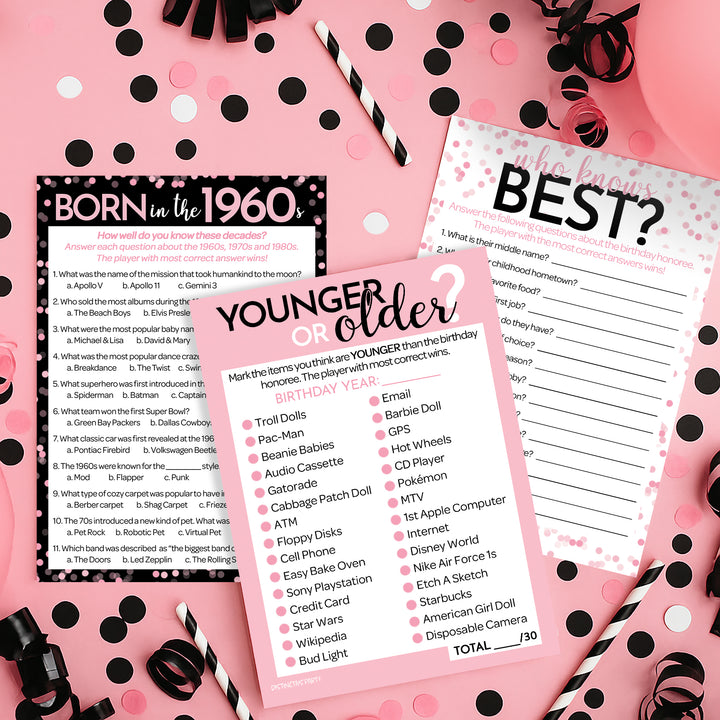 Born in The 1960s Pink & Black - 60th or 65th Birthday Party Game Bundle - 3 Games for 20 Guests