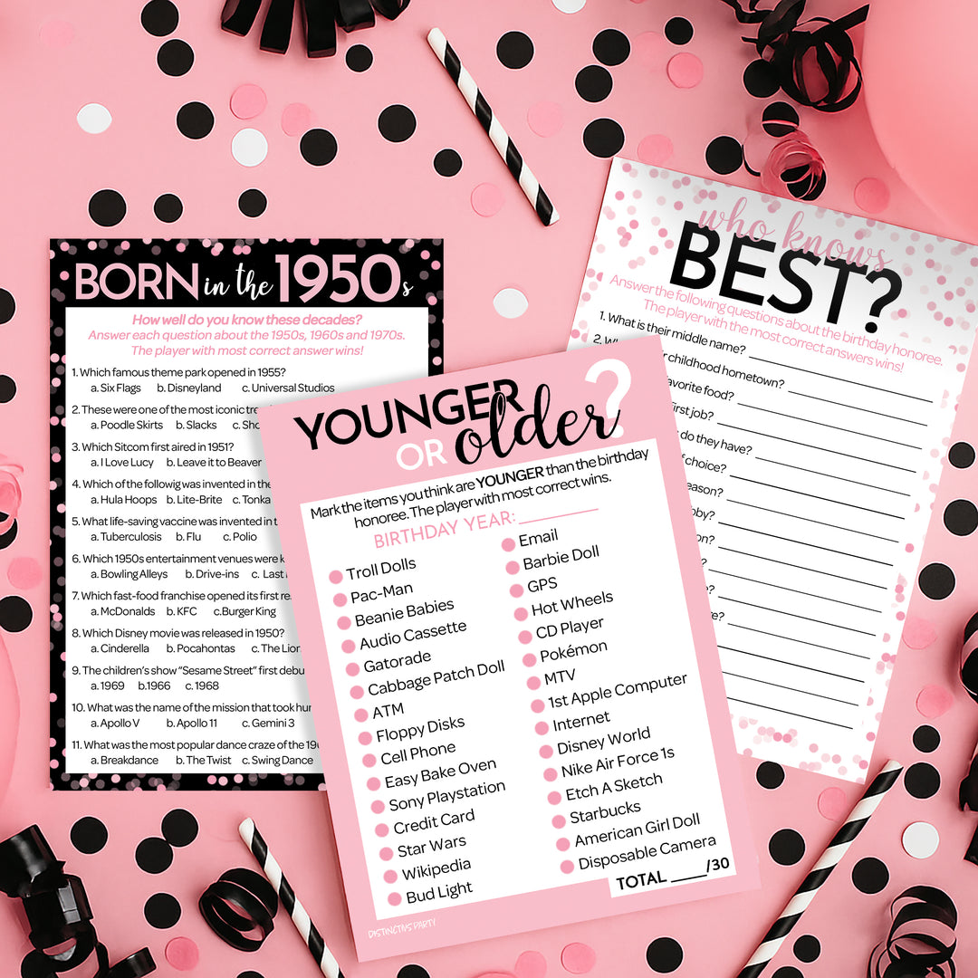 Born in The 1950s Pink & Black - 70th or 75th Birthday Party Game Bundle - 3 Games for 20 Guests