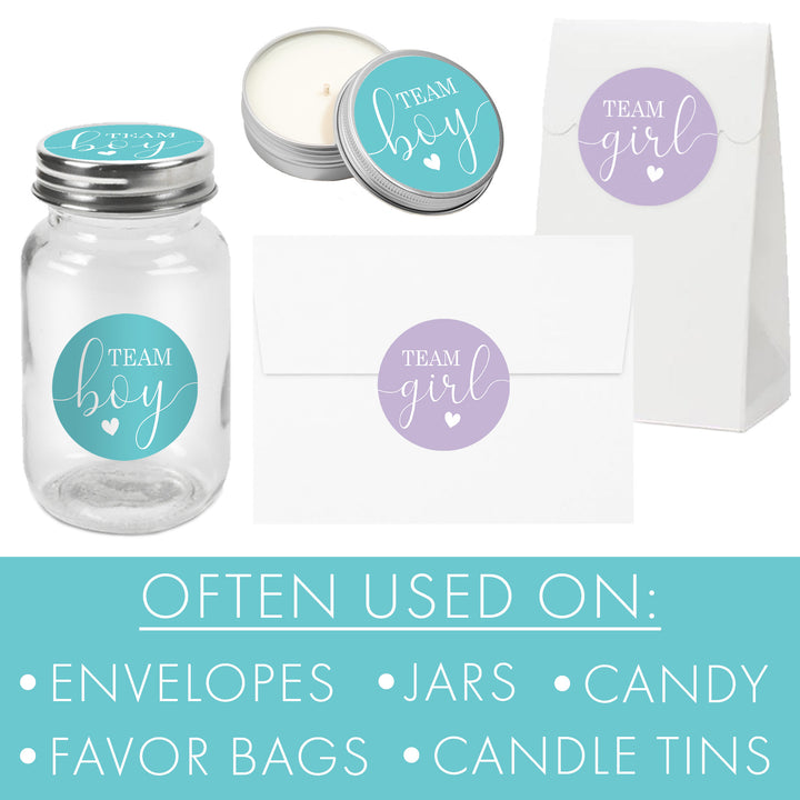 Gender Reveal Party: Purple and Teal - Team Boy or Team Girl Stickers - 40 Stickers - Distinctivs Party