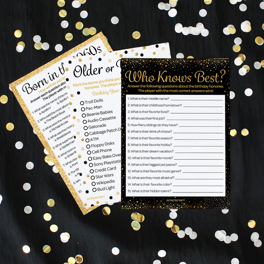 Born in The 1960s Black & Gold - 60th or 65th Birthday Party Game Bundle - 3 Games for 20 Guests