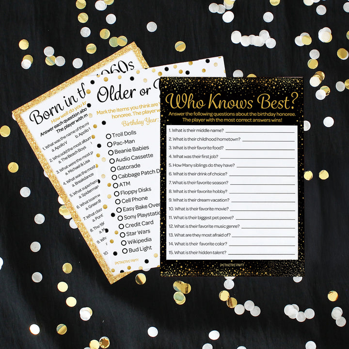 Born in The 1960s Black & Gold - 60th or 65th Birthday Party Game Bundle - 3 Games for 20 Guests