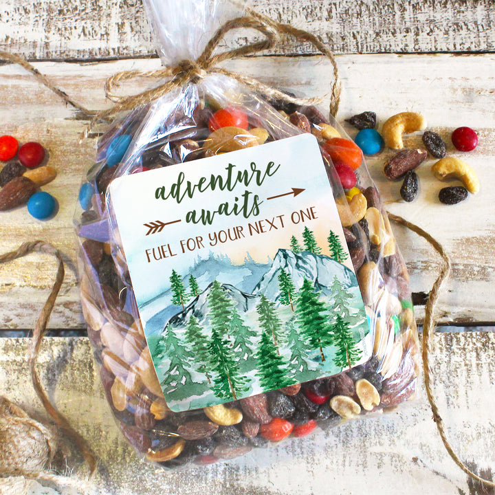 Little Adventurer Baby Shower Party Favor Trail Mix Bag Stickers | National Park Party Favors, Mountain Baby Theme Snack Bag Chip Labels