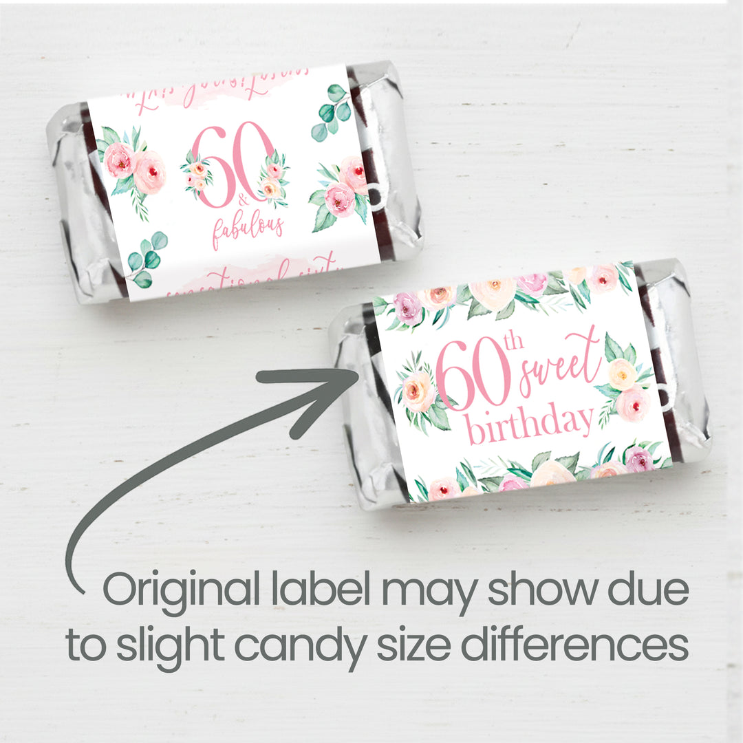 60th Birthday: Floral - Hershey's Miniatures Candy Bar Wrappers - 42 Stickers