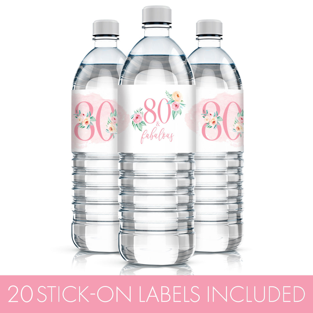 80th Birthday: Floral - Water Bottle Labels - 20 Waterproof Stickers