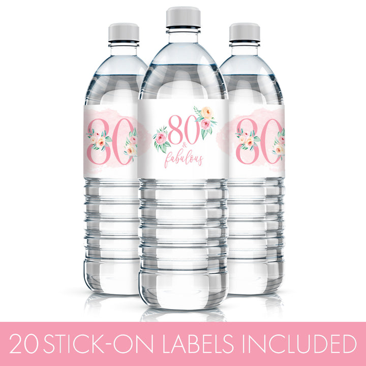 80th Birthday: Floral - Water Bottle Labels - 20 Waterproof Stickers