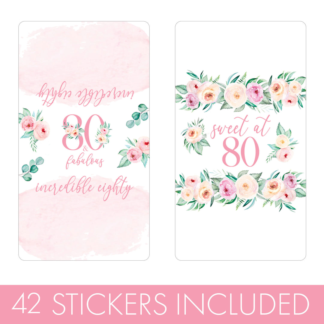 80th Birthday: Floral - Hershey's Miniatures Candy Bar Wrappers - 42 Stickers - Distinctivs Party