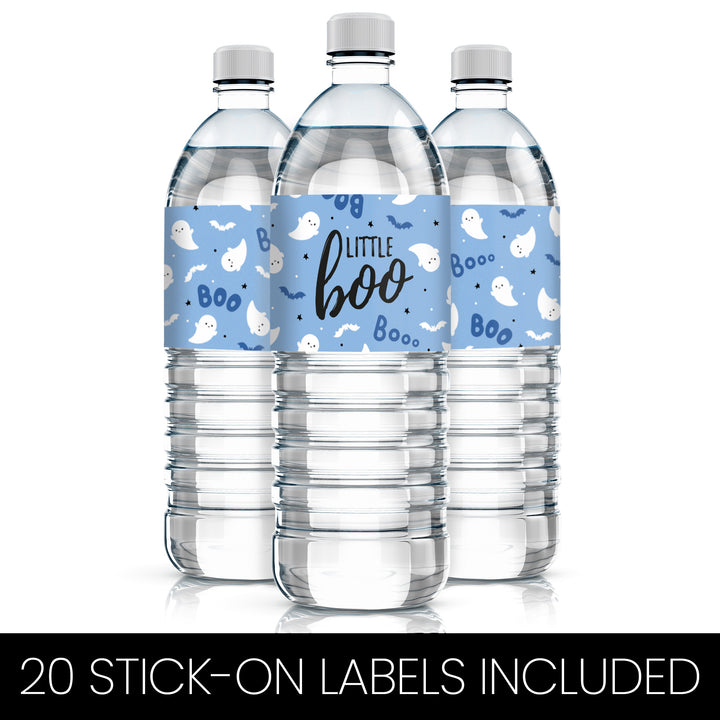 Little Boo: Blue - Boy Baby Shower- Fall Water Bottle Label Stickers - 20 Waterproof Stickers - Distinctivs Party