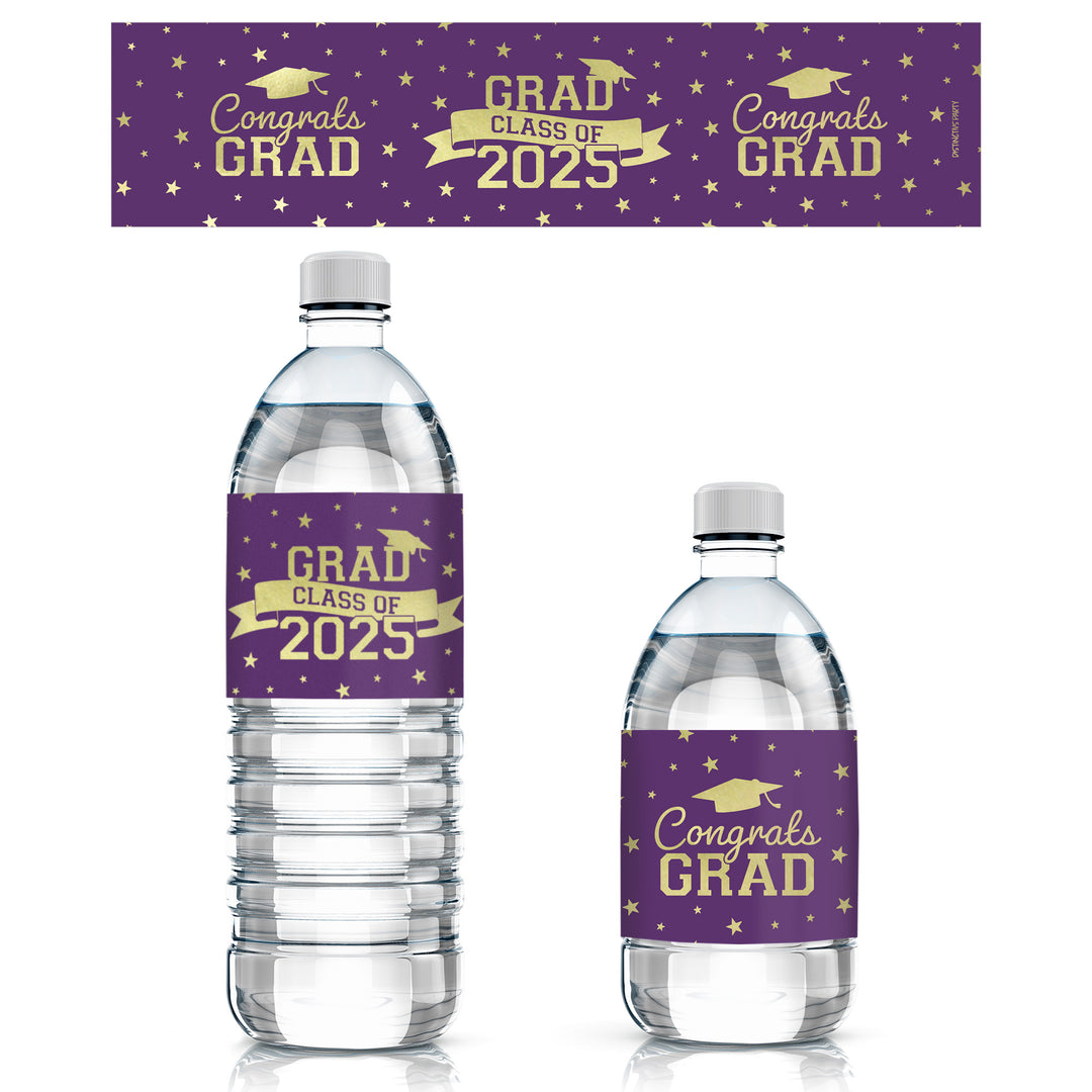 Graduation Class of 2025: Graduation Party Favors - Water Bottle Labels  - 17 School Colors - 24 Waterproof Stickers - Distinctivs Party
