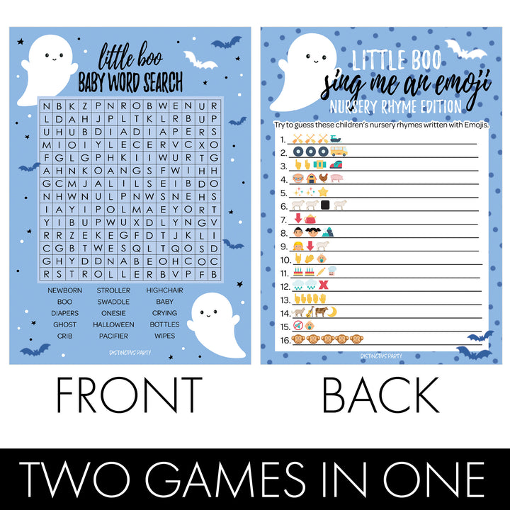Little Boo: Blue - Boy Baby Shower Game - Fall Sing Me an Emoji and Word Search - Two Game Bundle -  20 Dual Sided Cards - Distinctivs Party