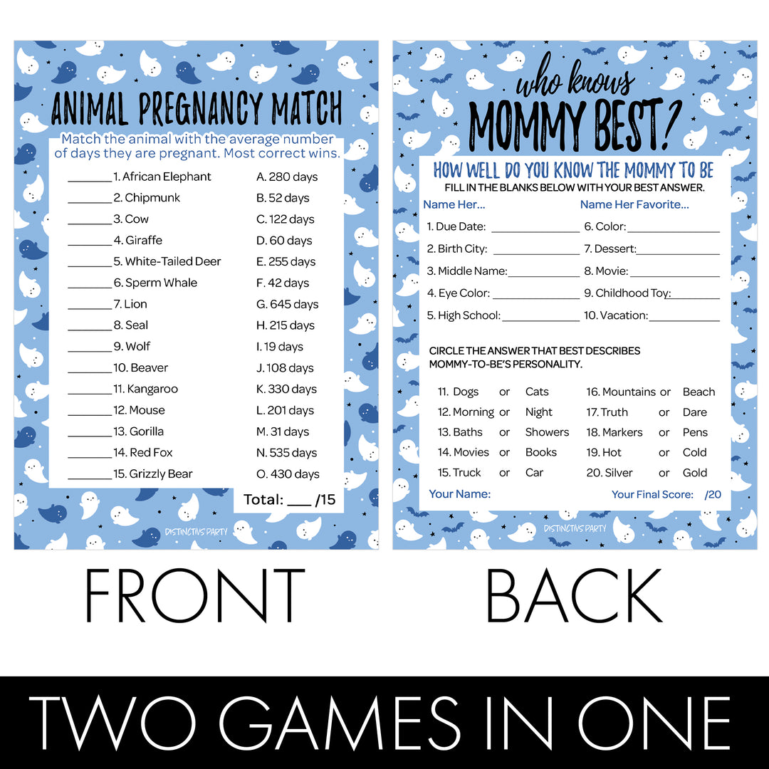 Little Boo: Blue - Boy Baby Shower Game - Fall Who Knows Mommy Best and Animal Pregnancy Match - Two Game Bundle -  20 Dual Sided Cards - Distinctivs Party