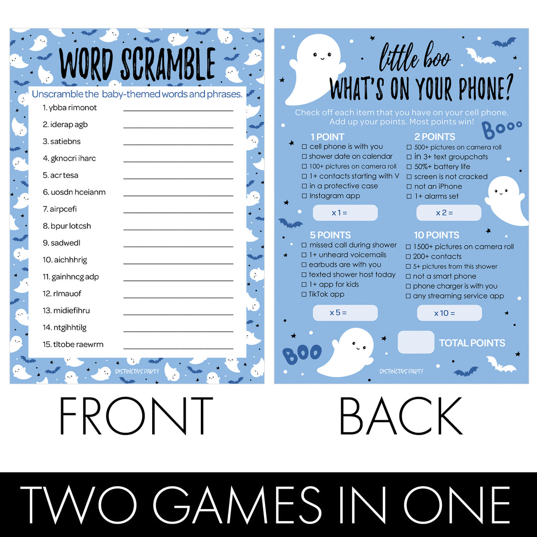 Little Boo: Blue - Boy Baby Shower Game -Fall What's On Your Phone and Word Scramble - Two Game Bundle -  20 Dual Sided Cards - Distinctivs Party