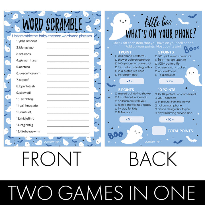 Little Boo: Blue - Boy Baby Shower Game -Fall What's On Your Phone and Word Scramble - Two Game Bundle -  20 Dual Sided Cards - Distinctivs Party
