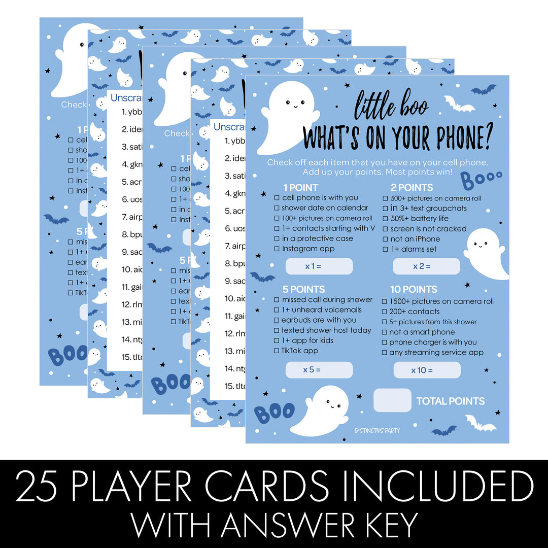 Little Boo: Blue - Boy Baby Shower Game -Fall What's On Your Phone and Word Scramble - Two Game Bundle -  20 Dual Sided Cards - Distinctivs Party